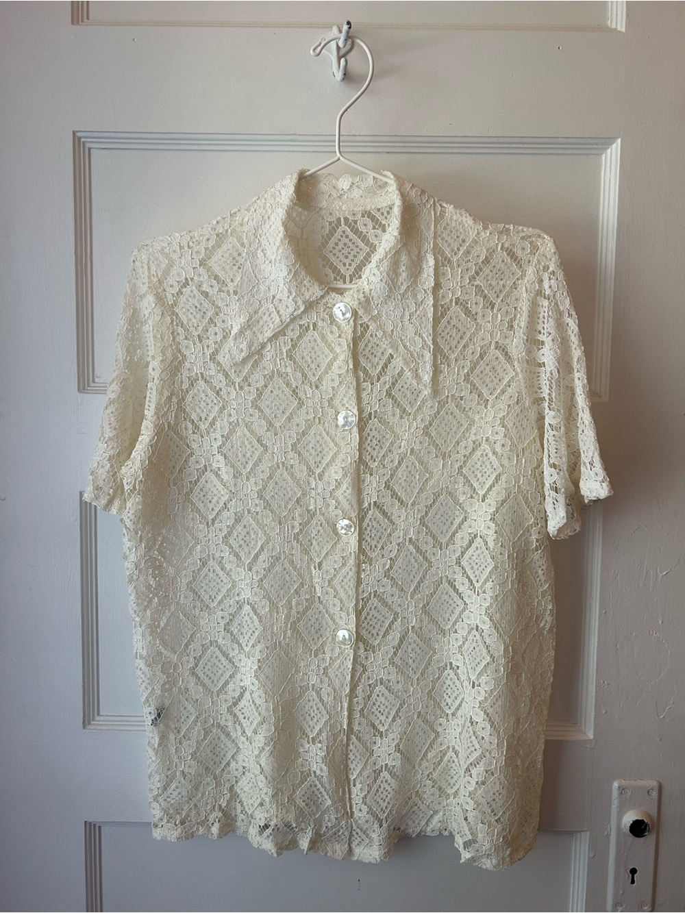 Vintage Union Tag Cream Lace Short-Sleeve Button-Up Top